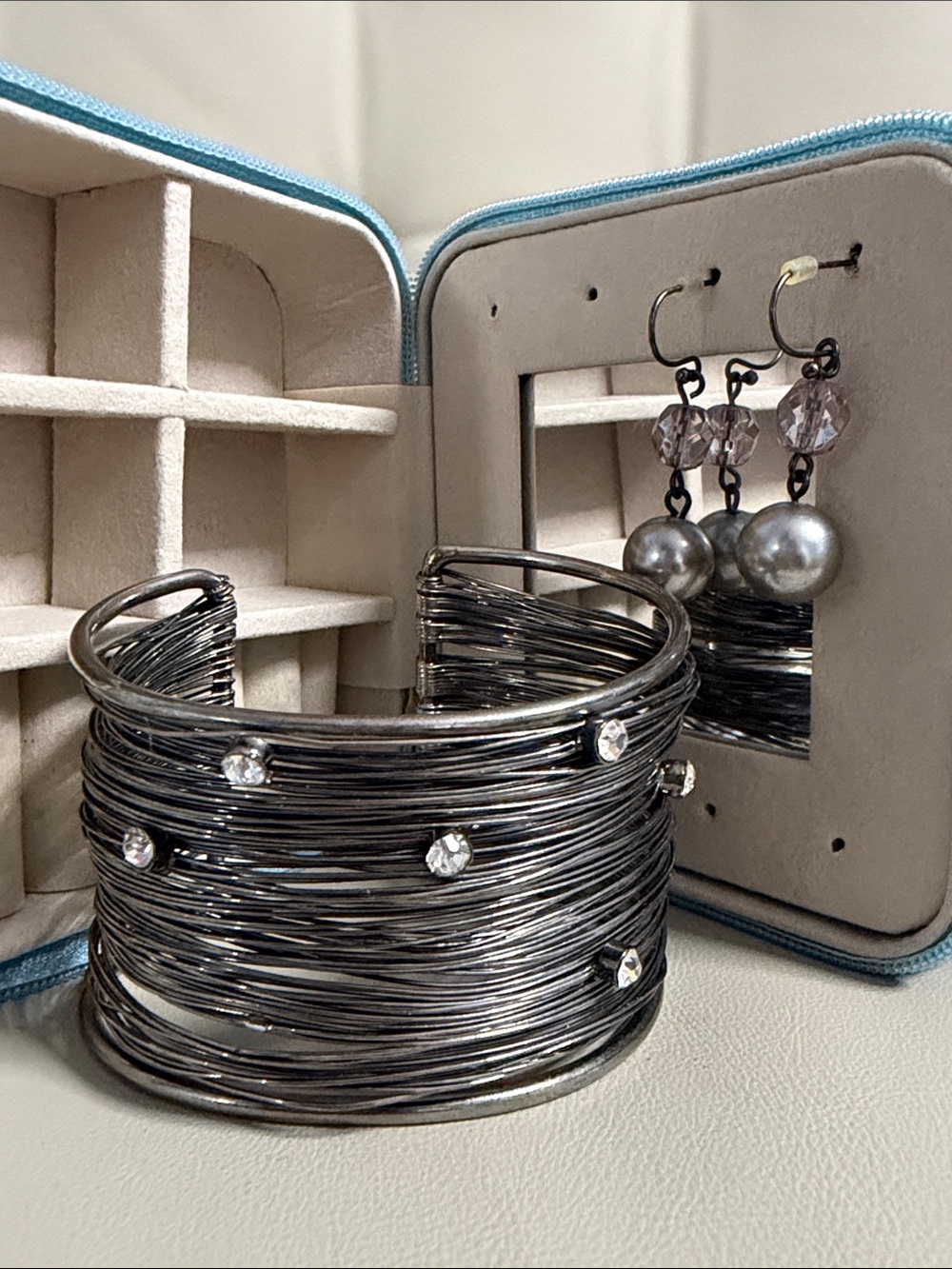Gunmetal Wire Multi-Strand Cuff Bracelet & Earring Set